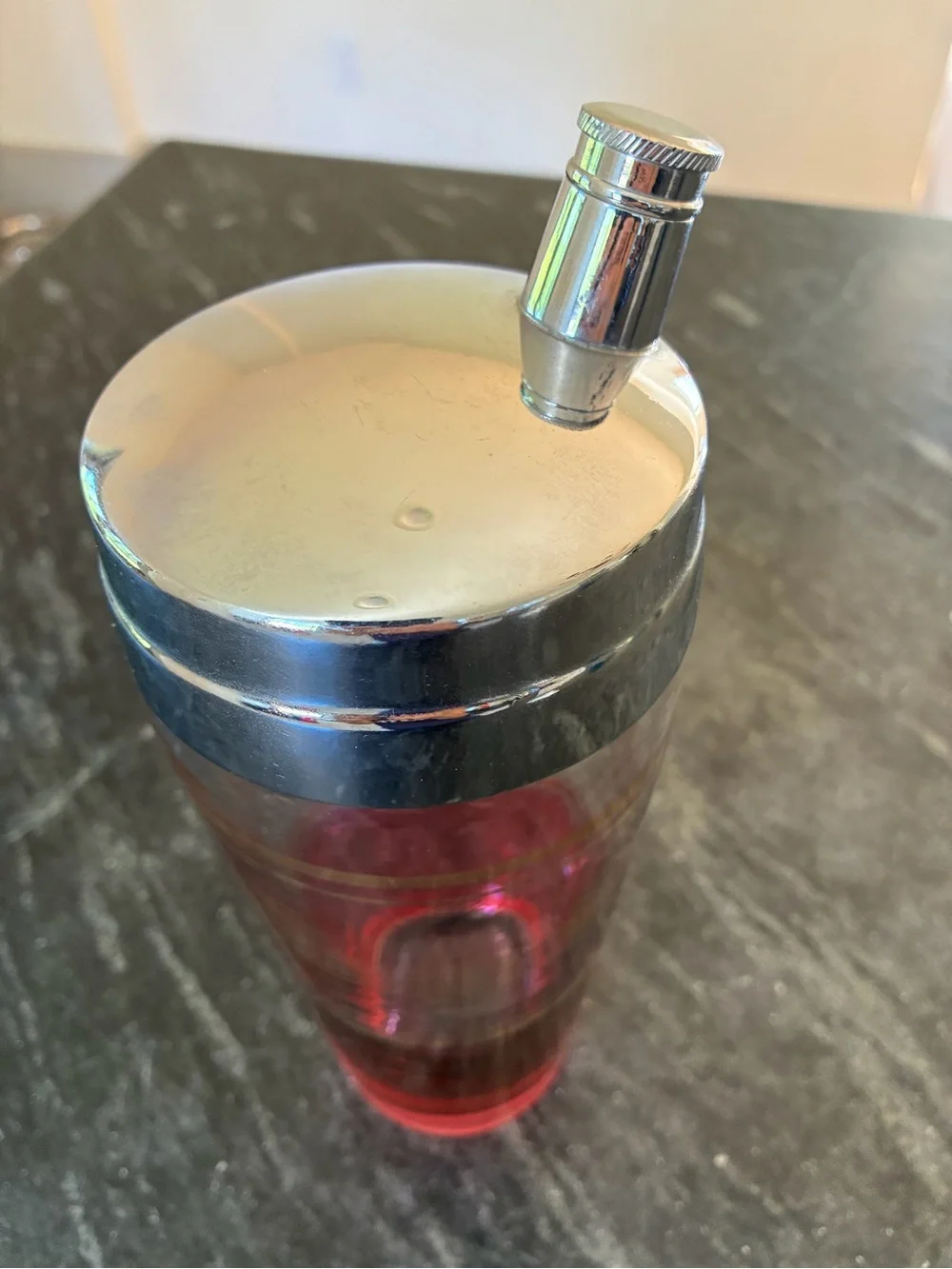Vintage 1930s Art Deco Glass Cocktail Shaker Derby Shelton Silver Co Ruby Red